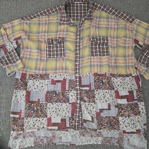 Easel Patchwork Plaid Button Up Shirt Boho Cottagecore Mixed Print Size M